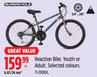 Canadian Tire Supercycle Reaction Bike. Youth or Adult. Selected colours offer