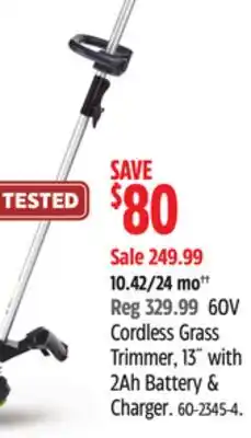 Canadian Tire Greenworks 60V Cordless Grass Trimmer, 13 with 2Ah Battery & Charger offer