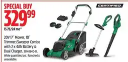 Canadian Tire Certified 20V 17 Mower, 10 Trimmer/Sweeper Combo with 2x 4Ah Battery & Dual Charger offer