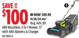 Canadian Tire Yardworks 48V Brushless 2-in-1 Mower, 17 with 4Ah Battery & Charger offer