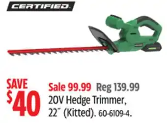 Canadian Tire Certified 20V Hedge Trimmer offer