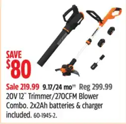 Canadian Tire WORX 20V 12 Trimmer/270CFM Blower Combo offer