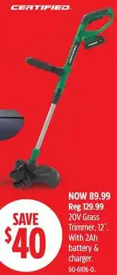 Canadian Tire Certified 20V Cordless Line Grass Trimmer, 12-in offer