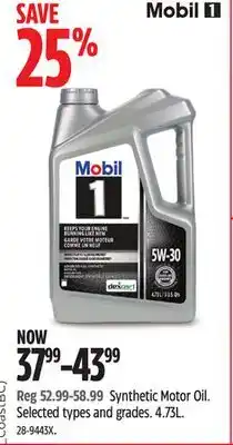 Canadian Tire mobil 1 Synthetic Motor Oil. Selected types and grades. 4.73L offer