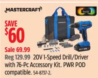 Canadian Tire Mastercraft 20V 1-Speed Drill/Driver with 76-Pc Accessory Kit offer