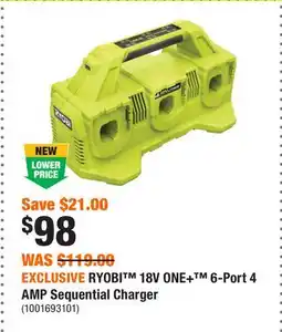 Home Depot EXCLUSIVE RYOBI 18V ONE+ 6-Port 4 AMP Sequential Charger offer