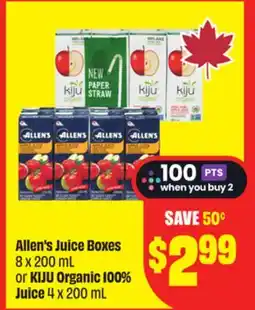 FreshCo Allen's Juice Boxes 8 x 200 mL or KIJU Organic 100% Juice 4 x 200 mL offer