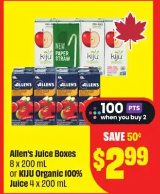 FreshCo Allen's Juice Boxes 8 x 200 mL or KIJU Organic 100% Juice 4 x 200 mL offer