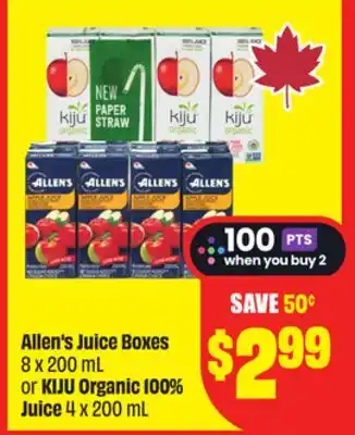 Chalo FreshCo Allen's Juice Boxes 8 x 200 mL or KIJU Organic 100% Juice 4 x 200 mL offer