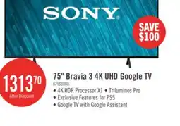 The Brick Sony 75 Bravia 3 LED 4K HDR10 Dolby Vision Motionflow XR 60Hz Google Smart TV (K75S30) offer