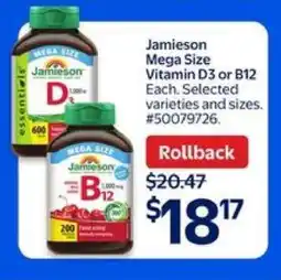 Walmart Jamieson Mega Size Vitamin D3 or B12 offer