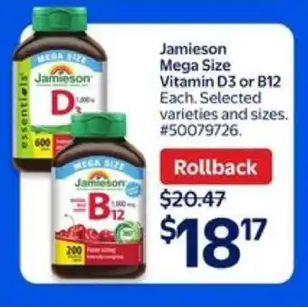 Walmart Jamieson Mega Size Vitamin D3 or B12 offer