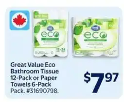 Walmart Great Value Eco Bathroom Tissue 12-Pack or Paper Towels 6-Pack offer