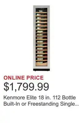 Costco Kenmore Elite 18 in. 112 Bottle Built-In or Freestanding Single Zone Wine Cellar offer