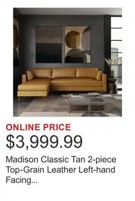 Costco Madison Classic Tan 2-piece Top-Grain Leather Left-hand Facing Sectional offer