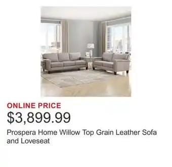 Costco Prospera Home Willow Top Grain Leather Sofa and Loveseat offer