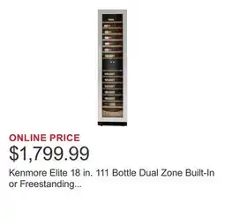 Costco Kenmore Elite 18 in. 111 Bottle Dual Zone Built-In or Freestanding Wine Cellar offer