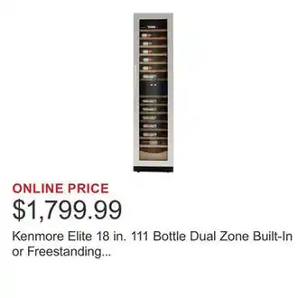 Costco Kenmore Elite 18 in. 111 Bottle Dual Zone Built-In or Freestanding Wine Cellar offer