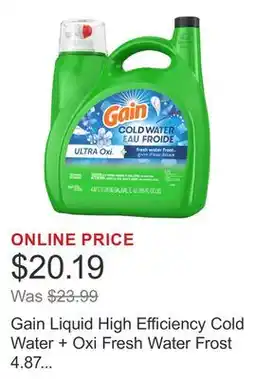Costco Gain Liquid High Efficiency Cold Water + Oxi Fresh Water Frost 4.87 L 121 Loads offer