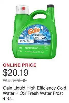 Costco Gain Liquid High Efficiency Cold Water + Oxi Fresh Water Frost 4.87 L 121 Loads offer