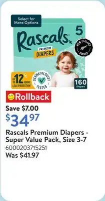 Walmart Rascals Premium Diapers - Super Value Pack, Size 3-7 offer