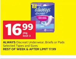 Rexall ALWAYS Discreet Underwear, Briefs or Pads offer