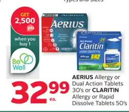 Rexall AERIUS Allergy or Dual Action Tablets 30' s or CLARITIN Allergy or Rapid Dissolve Tablets 50' s offer