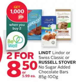 Rexall LINDT Lindor or Swiss Classic or RUSSELL STOVER No Sugar Added Chocolate Bars offer