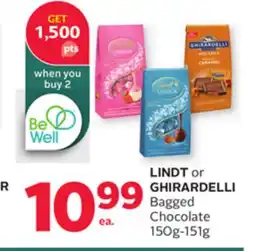 Rexall LINDT or GHIRARDELLI Bagged Chocolate 150g-151g offer