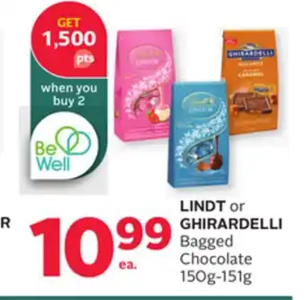 Rexall LINDT or GHIRARDELLI Bagged Chocolate 150g-151g offer