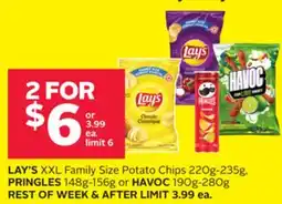 Rexall LAY'S XXL Family Size Potato Chips 220g-235g, PRINGLES 148g-156g or HAVOC 190g-280g offer