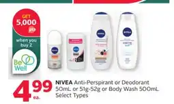 Rexall NIVEA Anti-Perspirant or Deodorant 50mL or 51g-52g or Body Wash 500mL offer