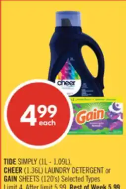 Shoppers Drug Mart TIDE SIMPLY (1L - 1.09L), CHEER (1.36L) LAUNDRY DETERGENT or GAIN SHEETS (120's) offer