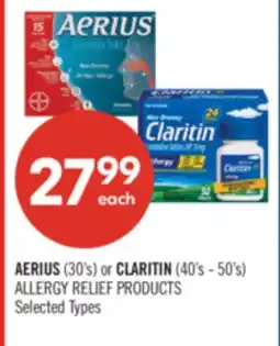 Shoppers Drug Mart AERIUS (30's) or CLARITIN (40's - 50's) ALLERGY RELIEF PRODUCTS offer