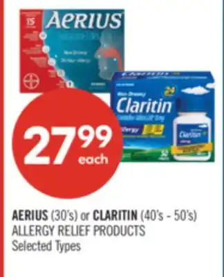 Shoppers Drug Mart AERIUS (30's) or CLARITIN (40's - 50's) ALLERGY RELIEF PRODUCTS offer