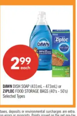 Shoppers Drug Mart DAWN DISH SOAP (431mL - 473mL) or ZIPLOC FOOD STORAGE BAGS (40's - 50's) offer