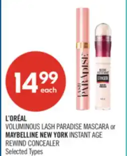 Shoppers Drug Mart L'ORÉAL VOLUMINOUS LASH PARADISE MASCARA or MAYBELLINE NEW YORK INSTANT AGE REWIND CONCEALER offer