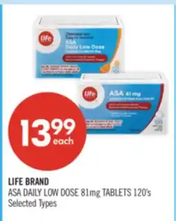 Shoppers Drug Mart LIFE BRAND ASA DAILY LOW DOSE 81mg TABLETS 120's offer