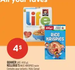 Pharmaprix QUAKER LIFE (450 g), KELLOGG'S RICE KRISPIES or Kids Cereal offer