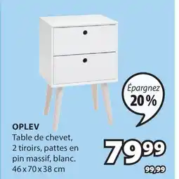 JYSK OPLEV Table de chevet, 2 tiroirs, pattes en pin blanc 46 x 70 x 38 cm offer