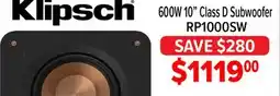 2001 Audio Video RP1000SW Klipsch 600W 10 Class D Subwoofer offer