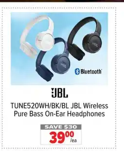 2001 Audio Video TUNE520WH/BK/BL JBL Wireless Pure Bass On-Ear Headphones offer