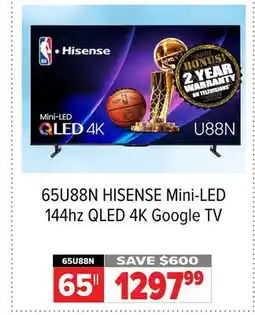 2001 Audio Video 65U88N HISENSE Mini-LED 144hz QLED 4K Google TV offer