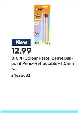Staples BIC 4-Colour Pastel Barrel Ballpoint Pens- Retractable - 1.0mm - Assorted- 3 Pack offer
