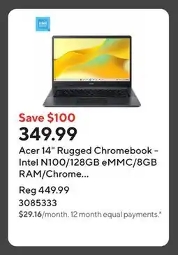 Staples Acer 14 Rugged Chromebook - Intel N100/128GB eMMC/8GB RAM/Chrome OS with 3 months of Gemini Advanced offer