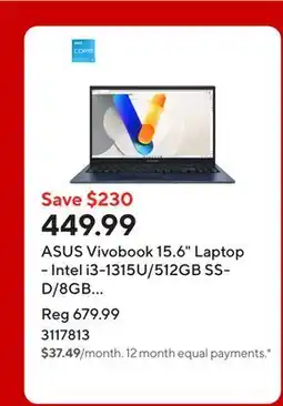 Staples ASUS Vivobook 15.6 Laptop - Intel i3-1315U/512GB SSD/8GB RAM/Windows 11 Home offer