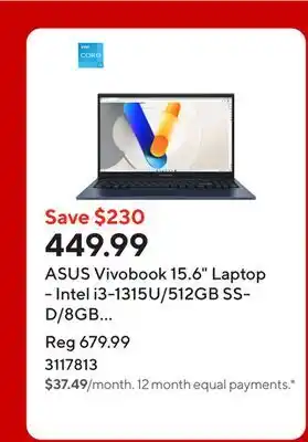 Staples ASUS Vivobook 15.6 Laptop - Intel i3-1315U/512GB SSD/8GB RAM/Windows 11 Home offer