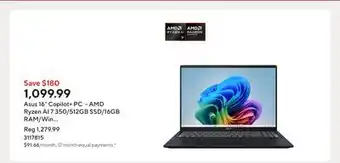 Staples Asus 16 Copilot+ PC - AMD Ryzen AI 7 350/512GB SSD/16GB RAM/Win 11 Home offer