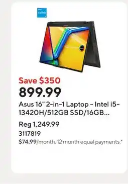 Staples Asus 16 2-in-1 Laptop - Intel i5-13420H/512GB SSD/16GB RAM/Touchscreen/Windows 11 Home offer