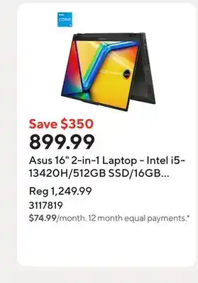 Staples Asus 16 2-in-1 Laptop - Intel i5-13420H/512GB SSD/16GB RAM/Touchscreen/Windows 11 Home offer